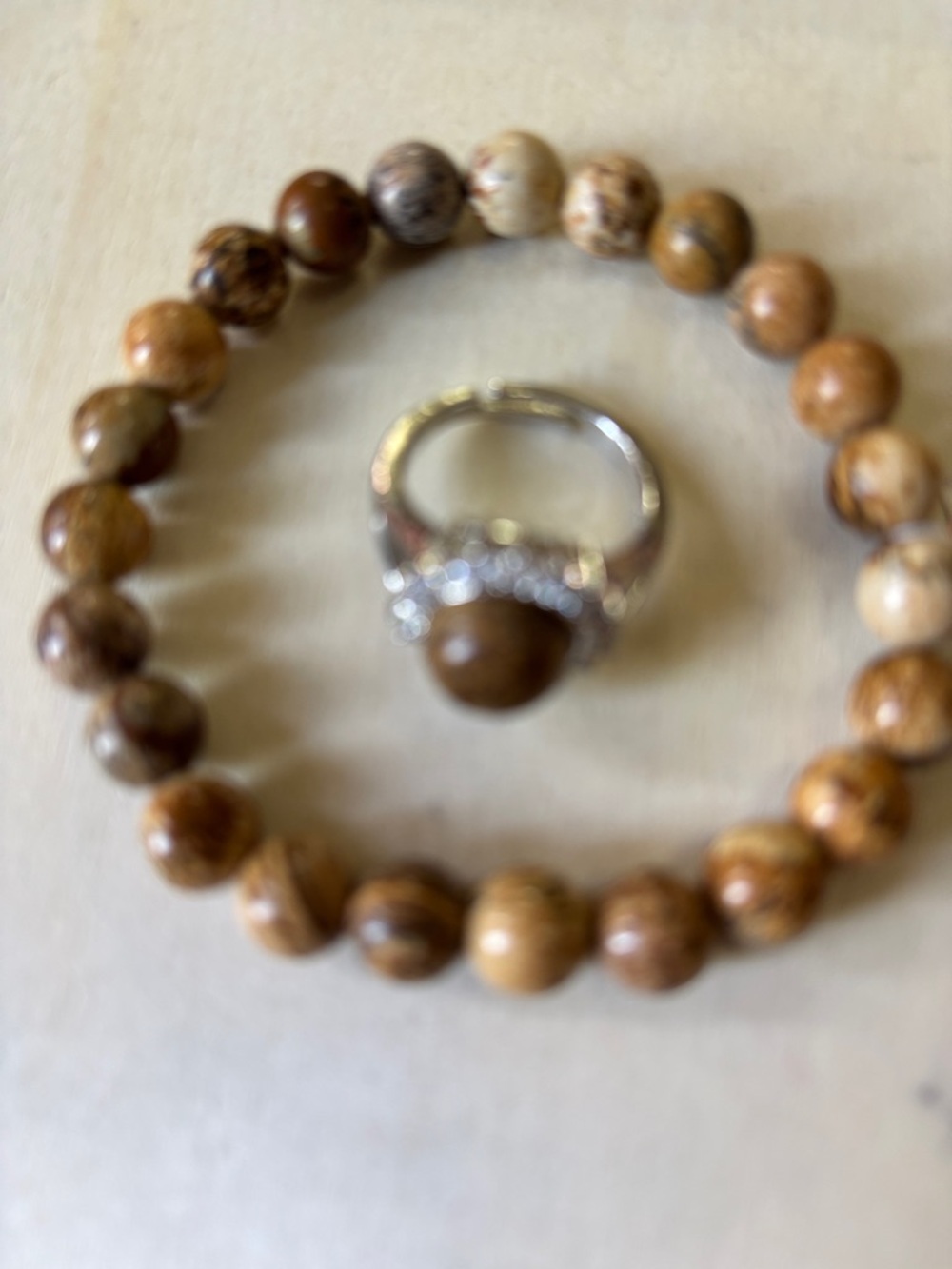 Natural Picture Jasper Beaded Bracelet and Ring Set - Brown